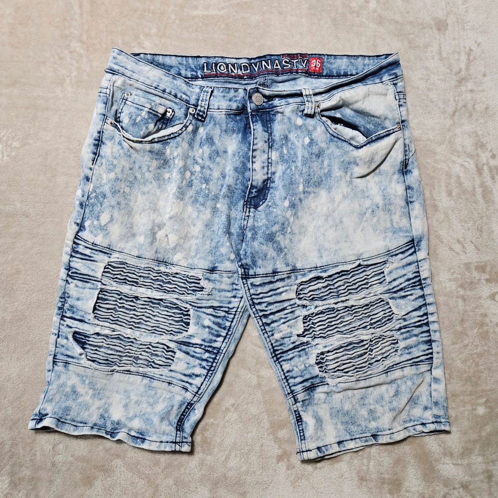 Lion Dynasty Mens Size 36 Slim Acid Wash Distressed Moto Denim Biker Shorts Blue